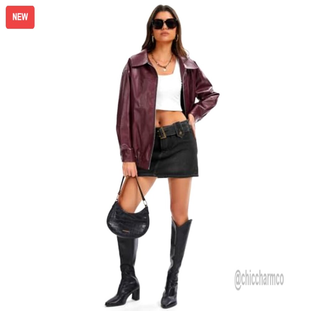 Oversized Faux Leather Bomber Jacket Motorcycle Style Zip Up Coat - Picture 5 of 7